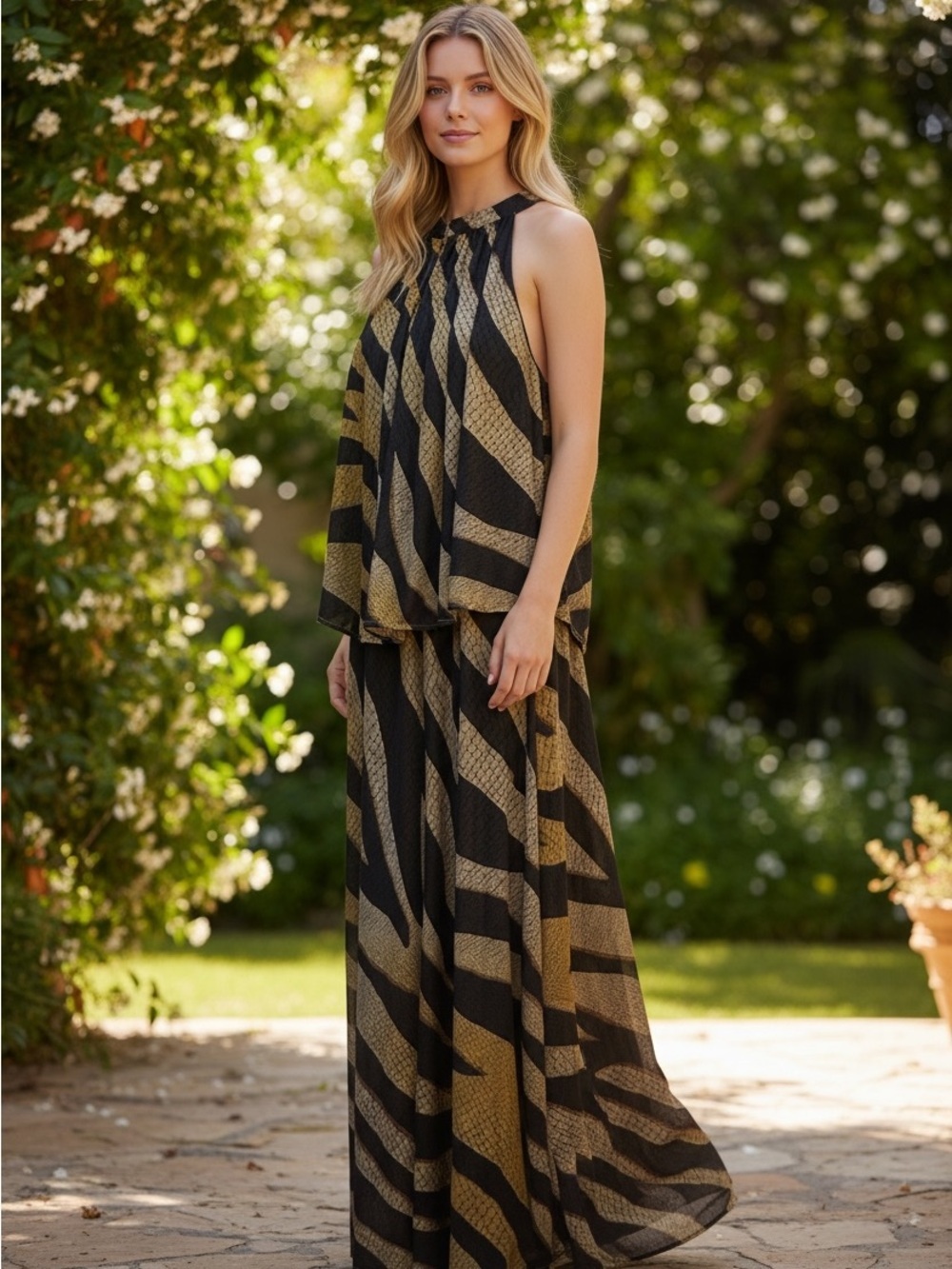 Sleeveless Black and Gold Zebra-Print Maxi Dress by